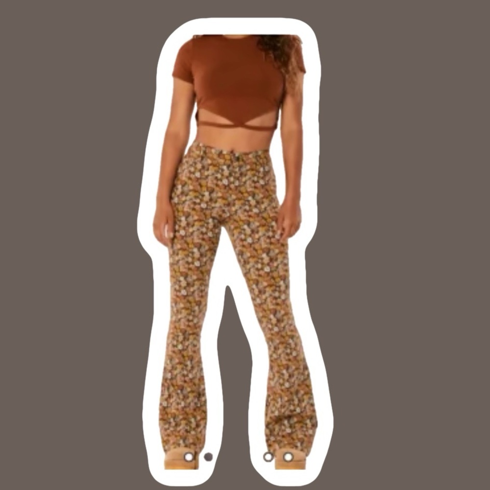 Fall Groovy Mushroom and Floral Patterned Flare Pants High Waisted Medium NWT